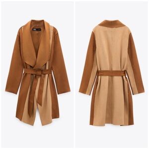 ZARA Brown Tan Faux Suede Patchwork Jacket Trench Coat
